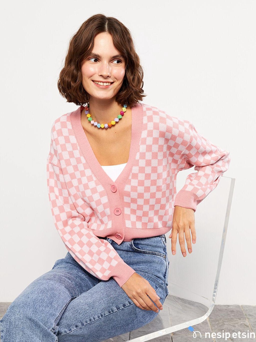 Light Pink and Cream Checkered Crop Top Cardigan Small